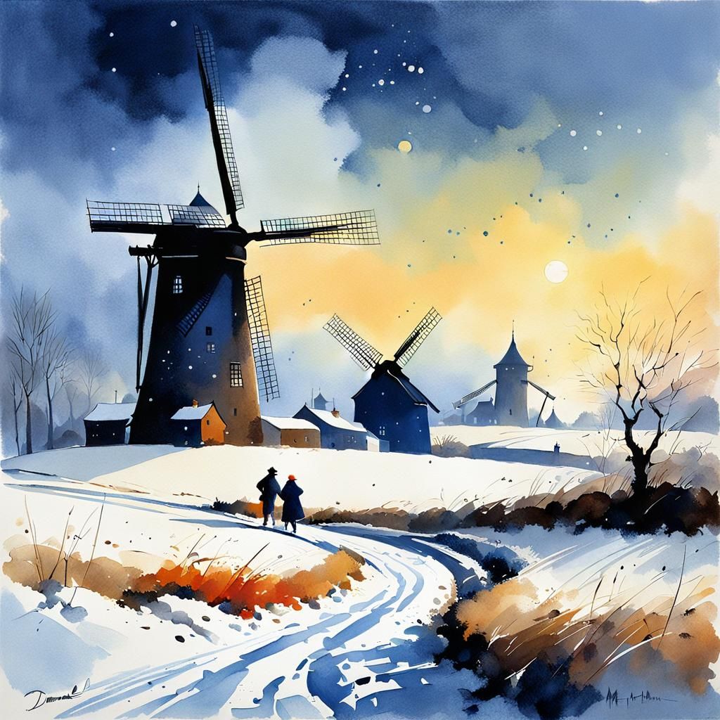 Dutch Windmill at Dusk in Watercolor Style
