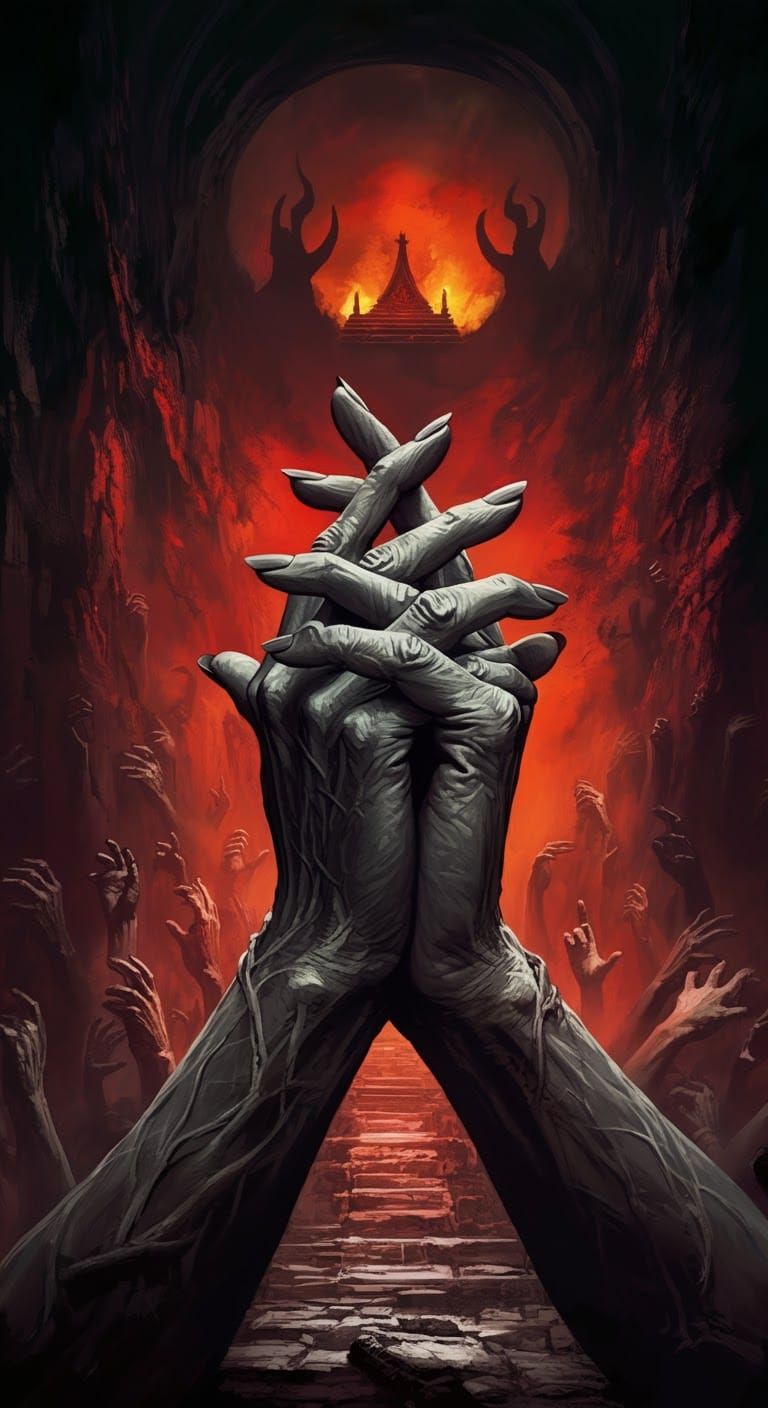Demonic Hands Prayer in Stone Cavern, Dark Fantasy Art