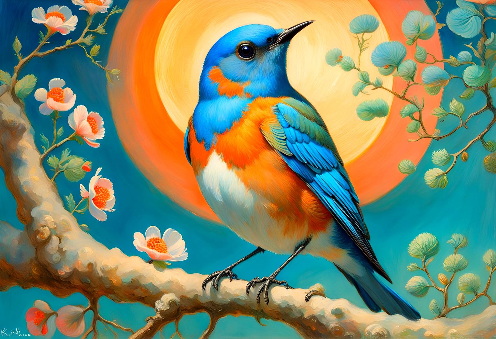 Bluebird Under Moon in Atmospheric Impressionism Style