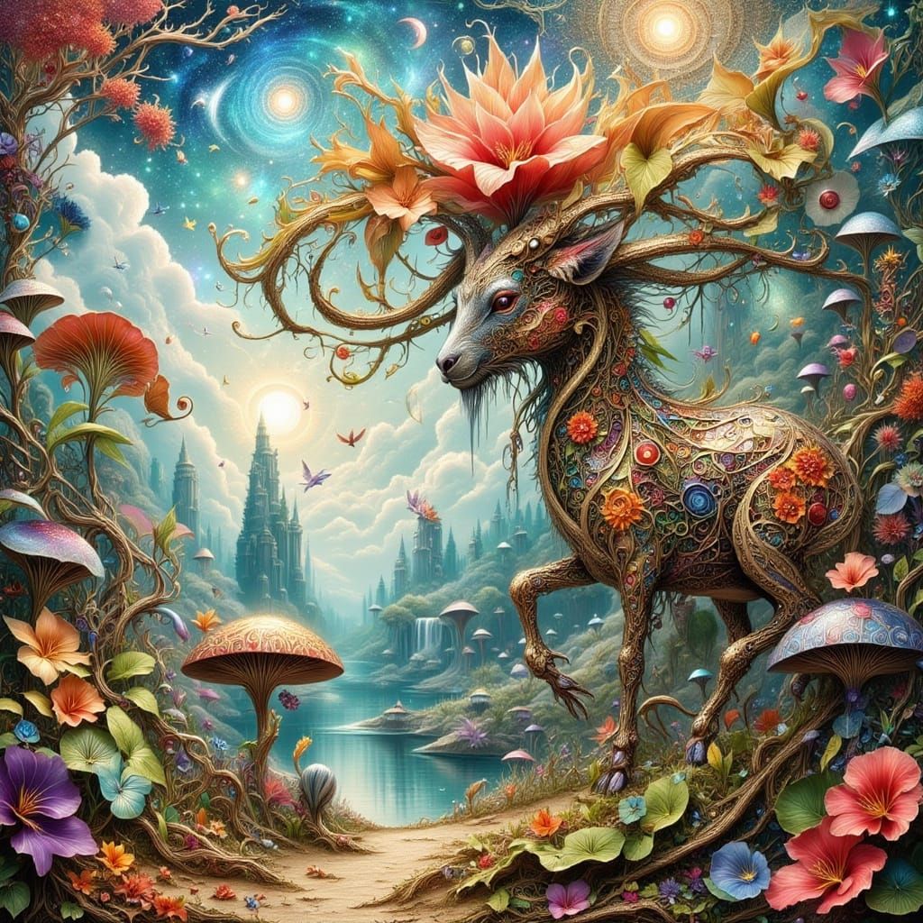 Surreal Patchwork Landscape With Flower Robot and Goat Frien...
