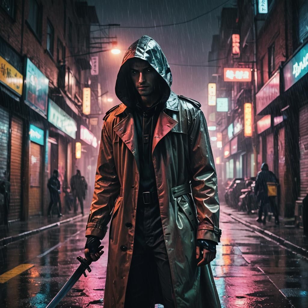 Futuristic Cyberpunk Figure in Rainy Neon City