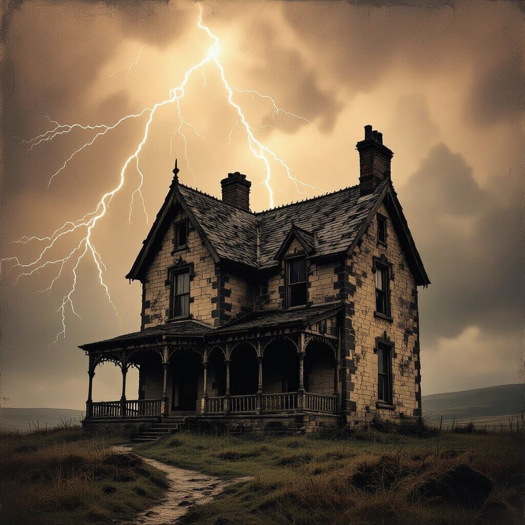 Gothic House Struck by Lightning in Dark, Eerie Style