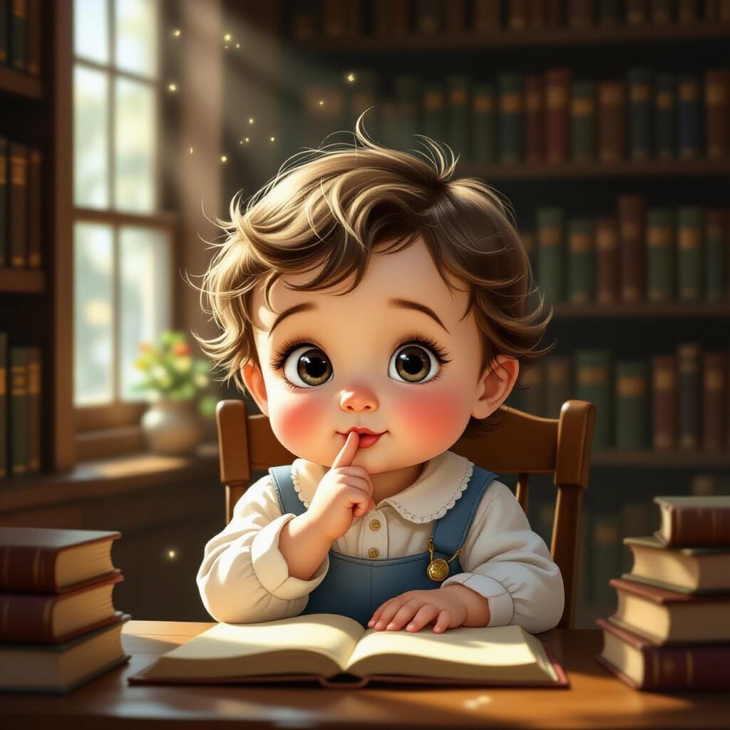 Baby Asks for Silence in Cozy Library Illustration