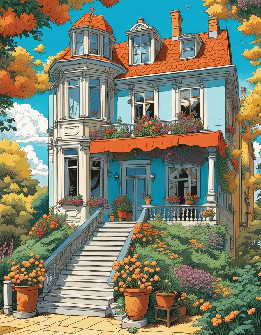 Grand House Illustration in Tin-Tin Comic Style