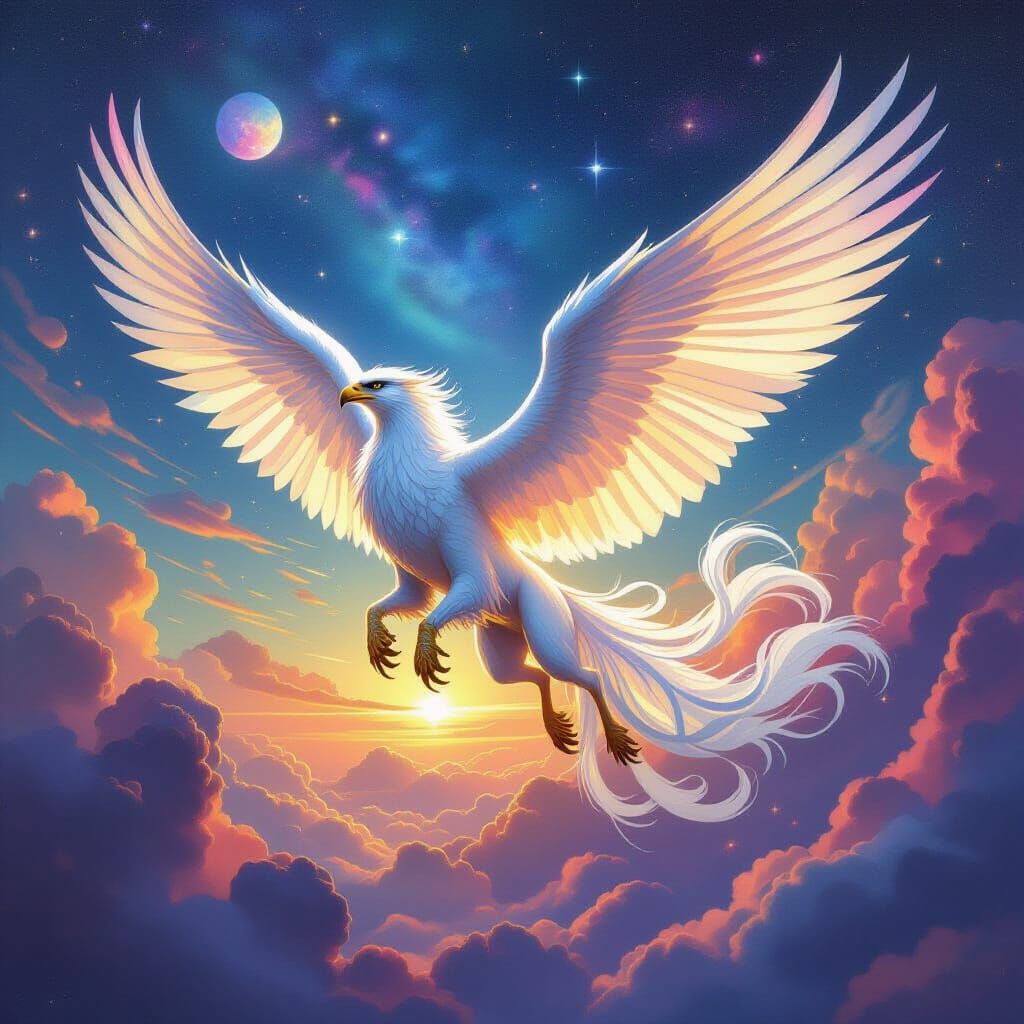 Griffin Soaring Through Nebula Sky in Fantasy Art Style