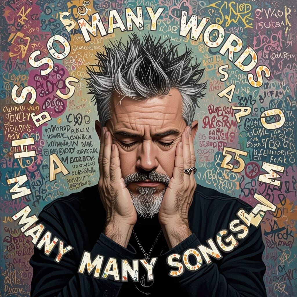 Man Surrounded by Floating Lyrics in Pop Surrealist Style