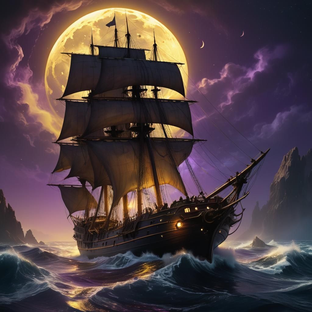 Schooner Under Alien Moon: Dark Fantasy Concept Art