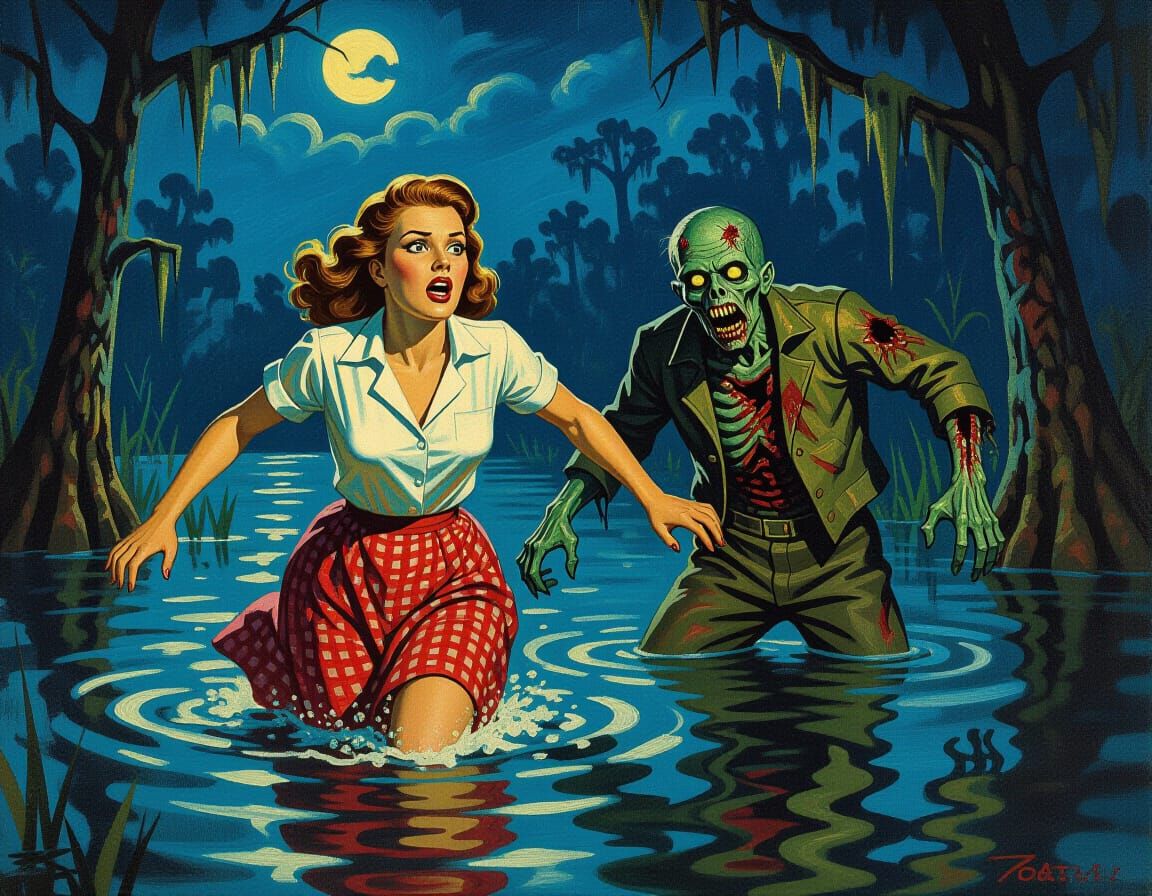 Cajun Woman's Flight: A Zombie Horror Painting