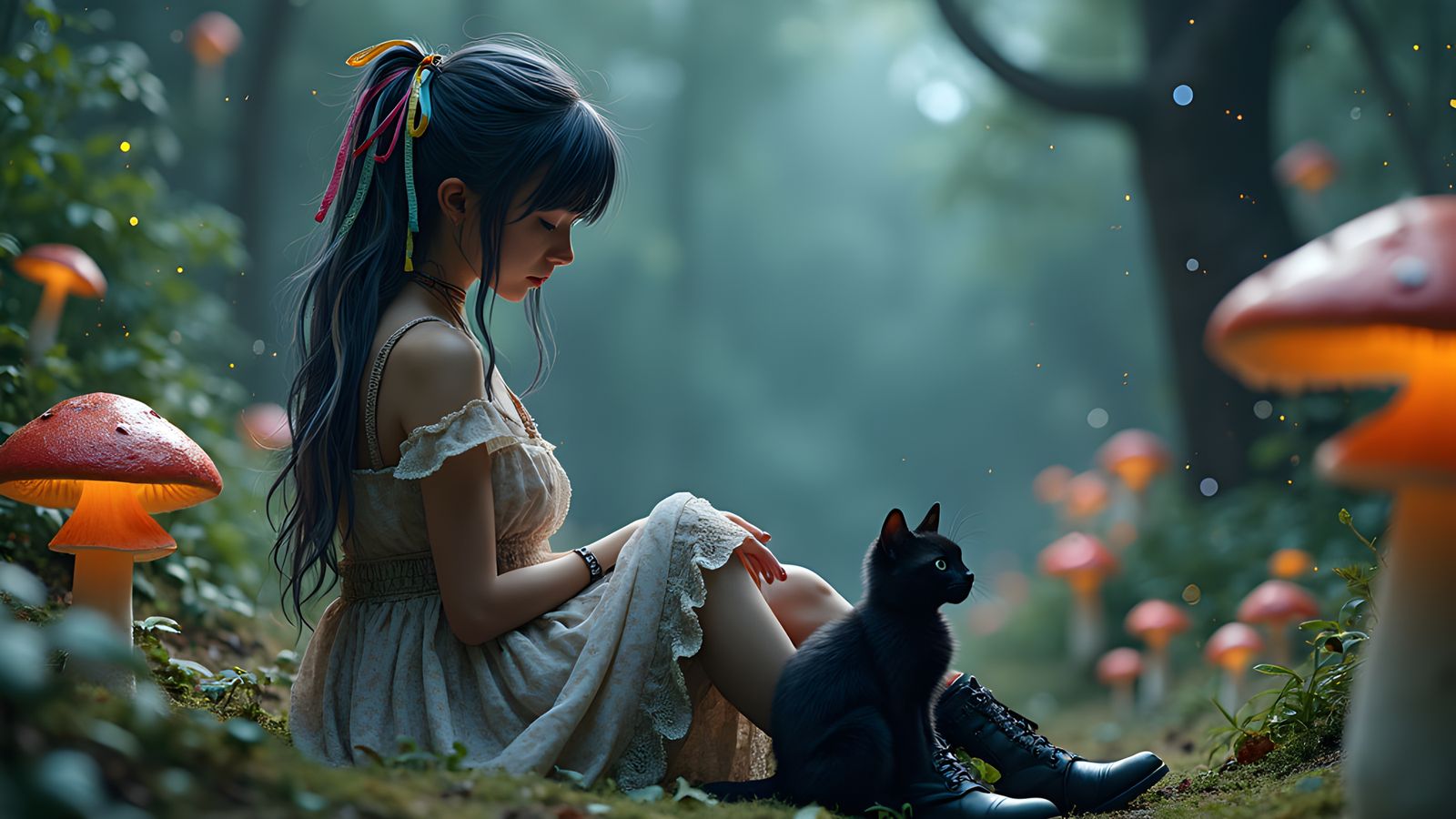 Girl and Kitten in Ethereal Forest, Airbrushed Art