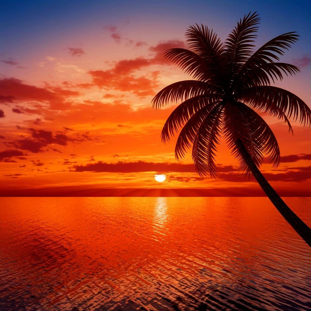 Serenely Captured Sunset over Majestic Palm Tree