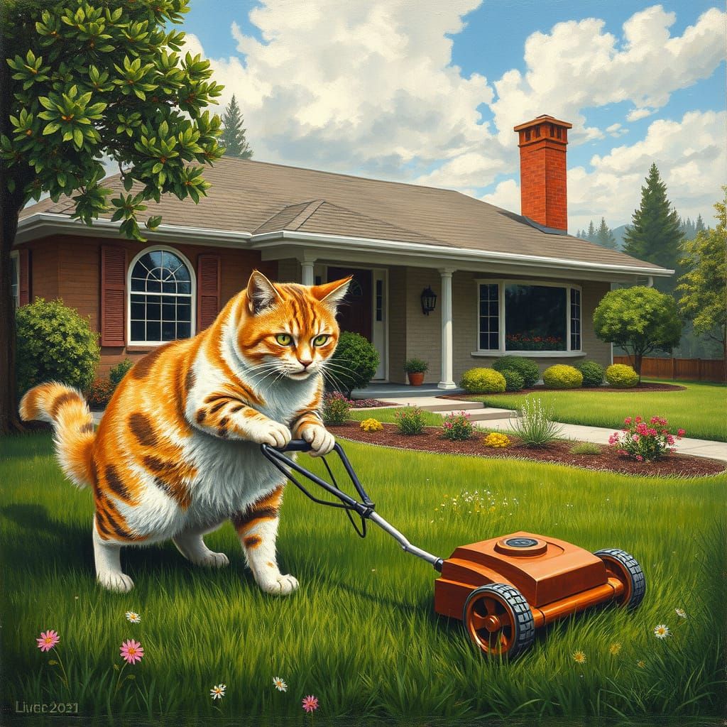 Anthropomorphic Cat Mowing Lawn in Wain Style