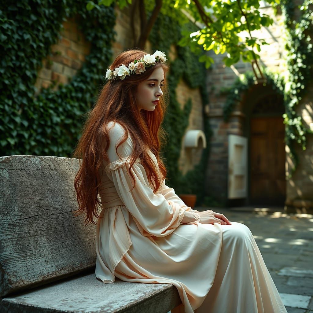 Maiden in Whimsical Courtyard