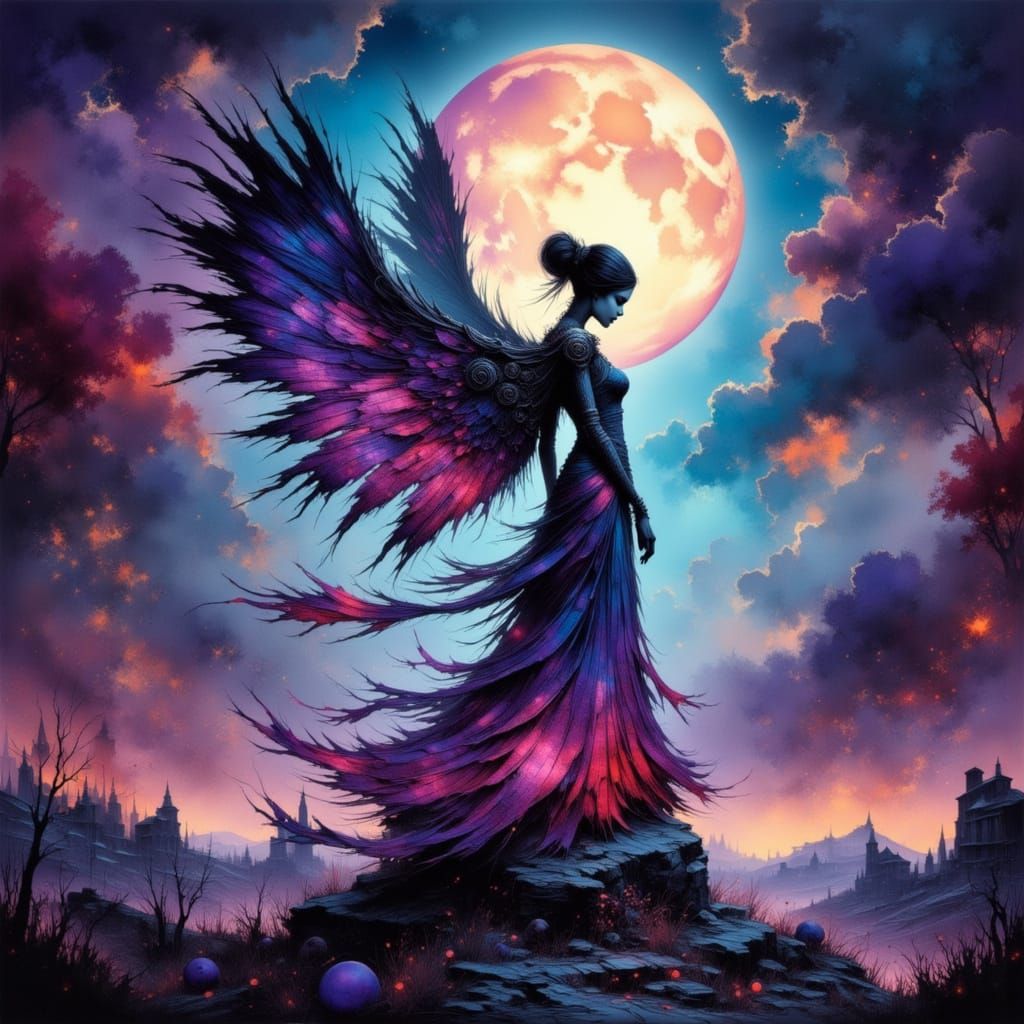 Moon Maiden with Clockwork Wings on Floating Island