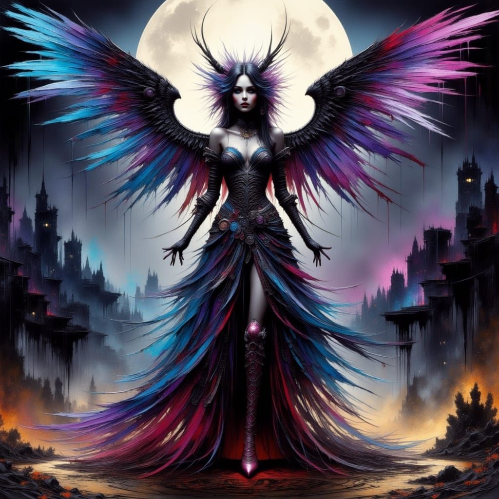 Moon Maiden with Clockwork Wings in Cosmic Setting