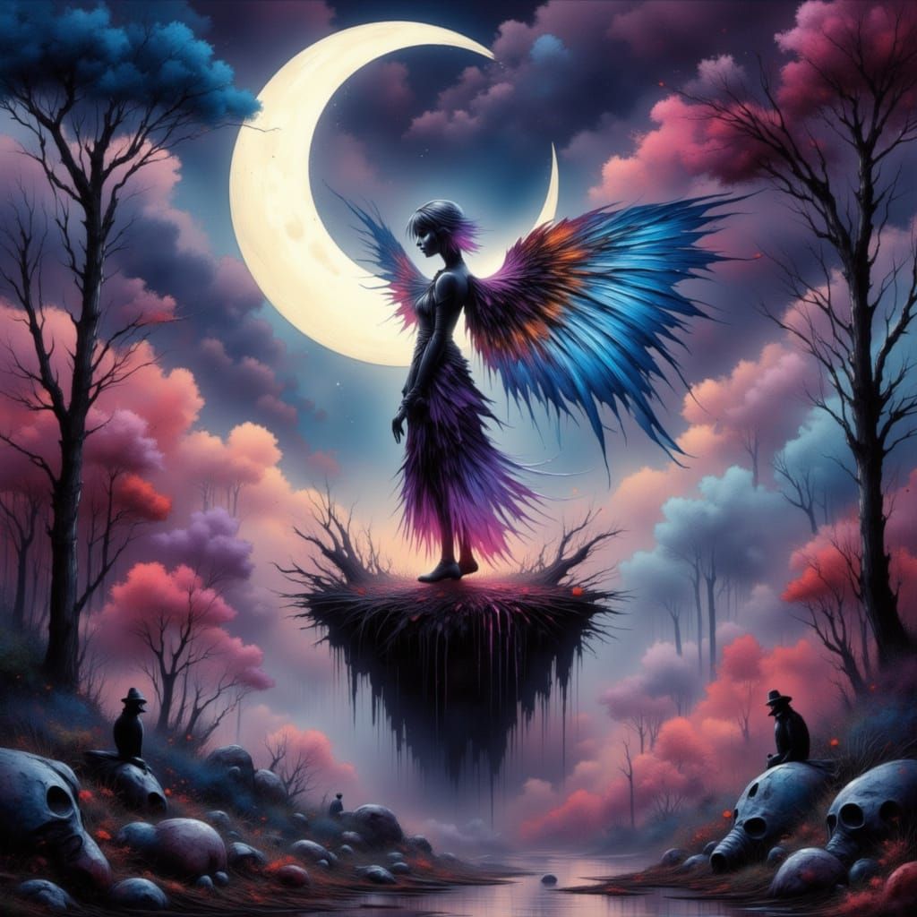 Moon Maiden with Clockwork Wings in Fantasy Landscape