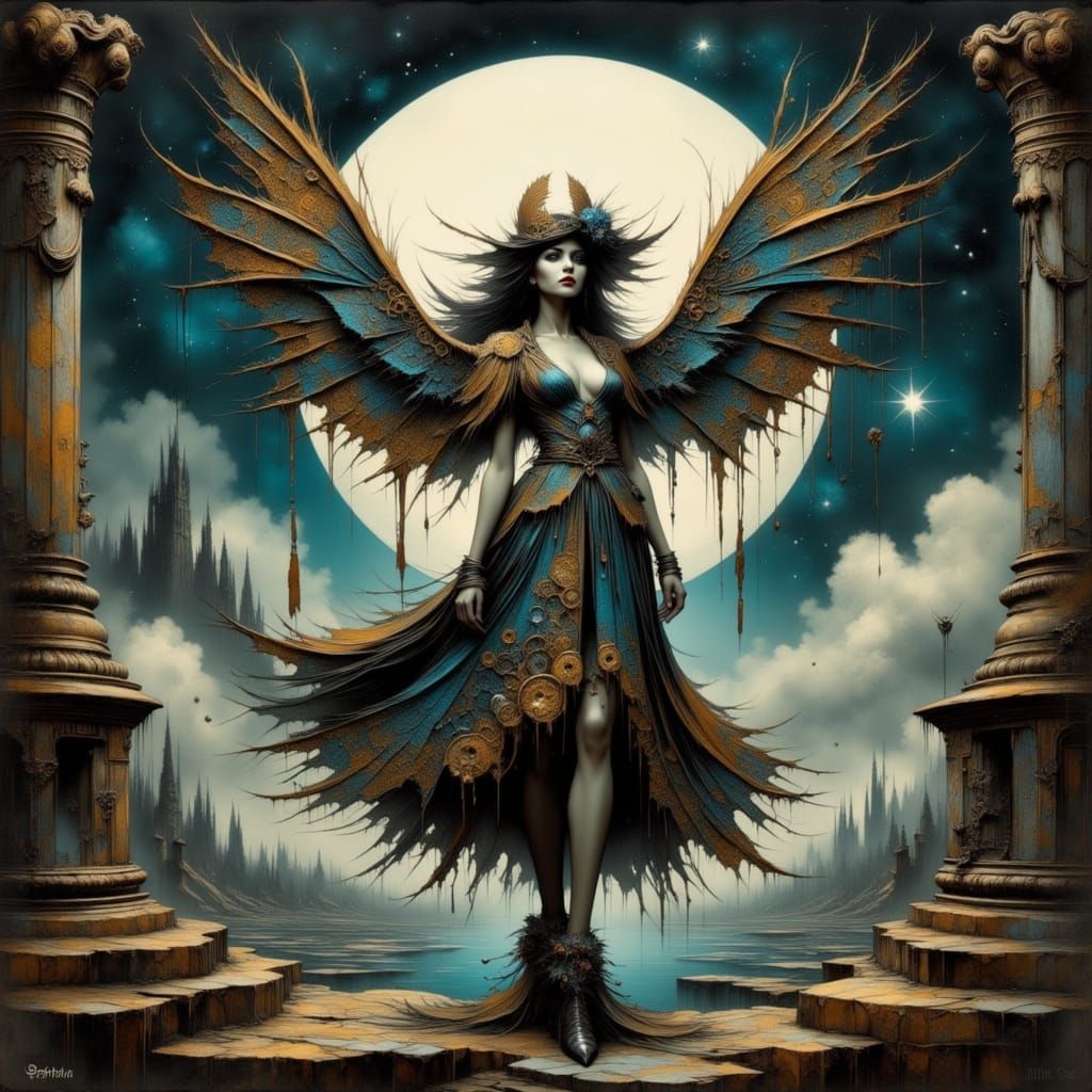 Moon Maiden with Clockwork Wings in High Fantasy