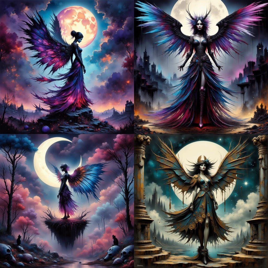 Moon Maiden with Clockwork Wings on Floating Island