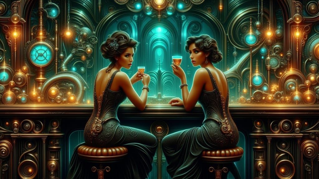 Steampunk Goddesses Unite in a Dreamlike Bar Scene