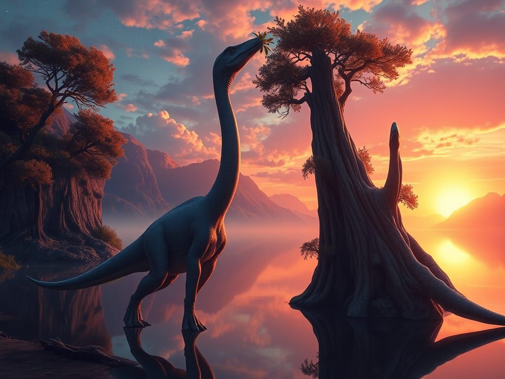 Brachiosaurus Reaching for Leaves Under Cosmic Sunrise