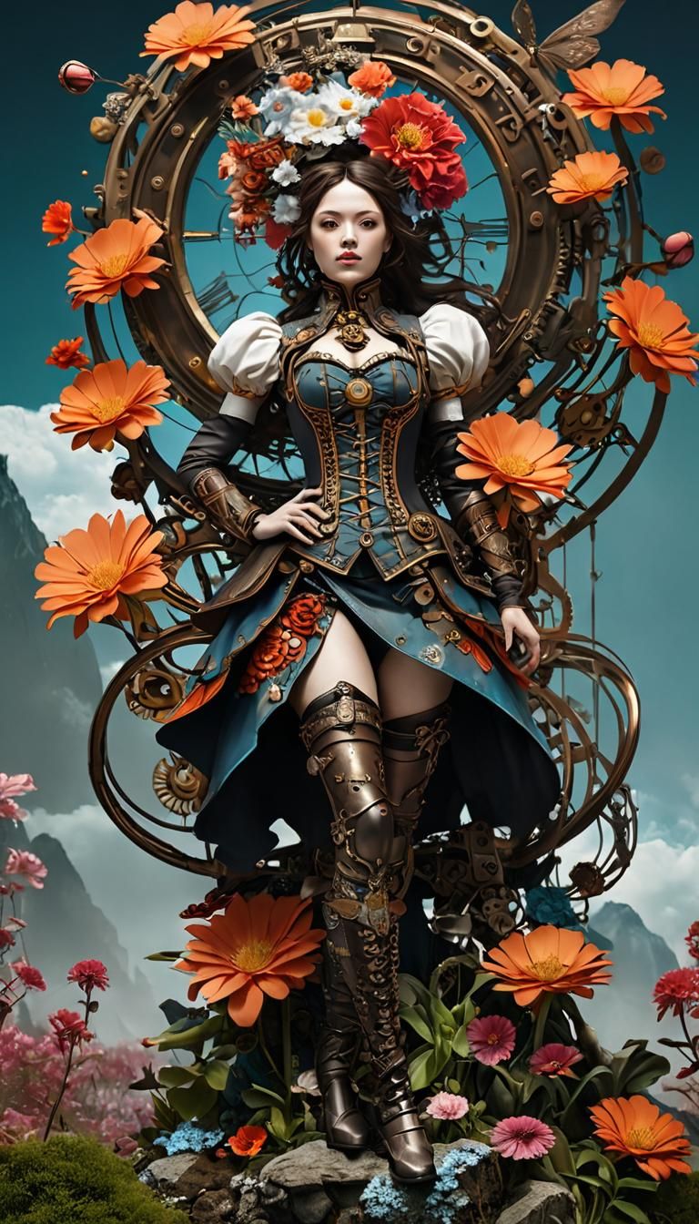Ethereal Steampunk Goddess in Floral Bloom, Inspired by Japa...