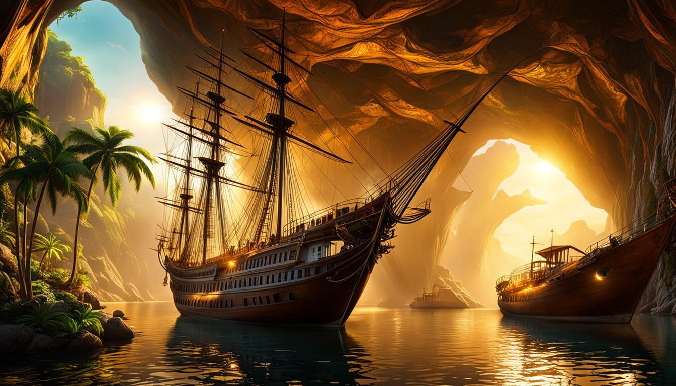 Tropical Marina in Cave: Art Nouveau Steampunk Photograph