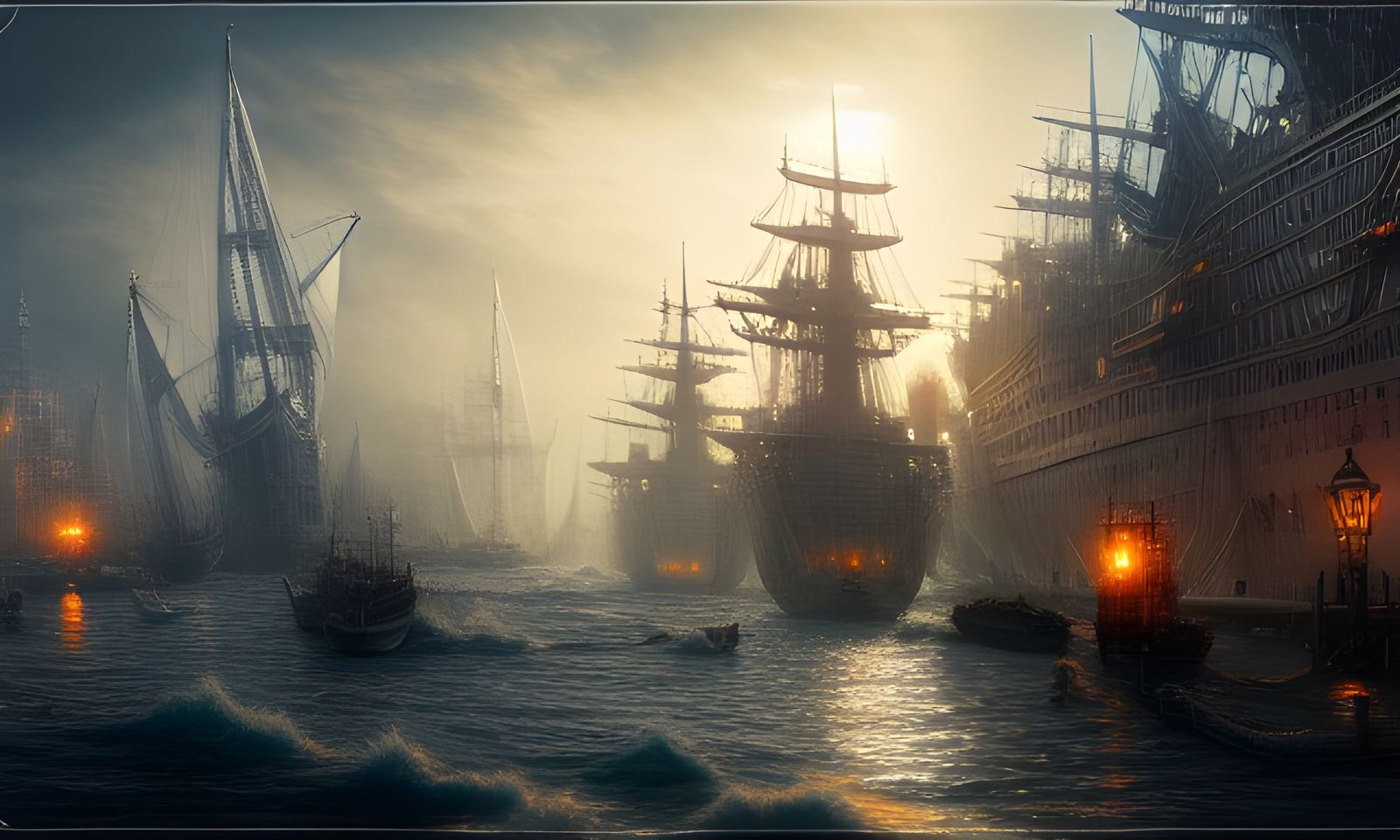 Magical Harbour District with Massive Ship, Digital Art