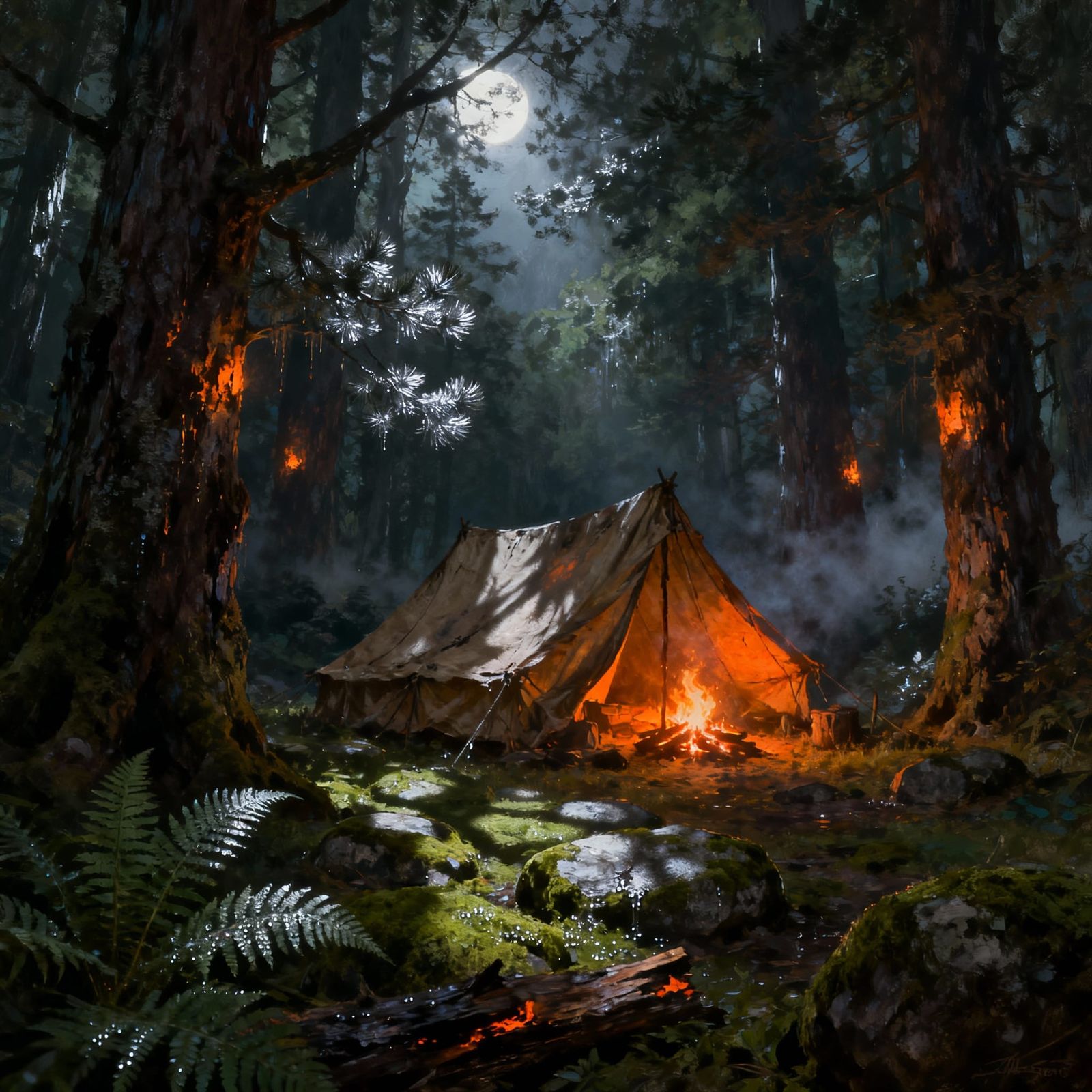 Crackling Campfire in Ancient Forest Clearing