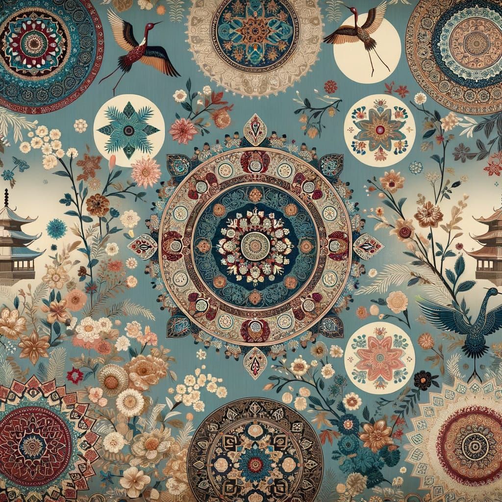 Sindhi-Chinoiserie Fabric Print with Floral Ajrak Stars