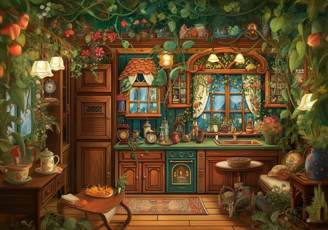 Charming Cozy Home Illustration in Folk-Art Style