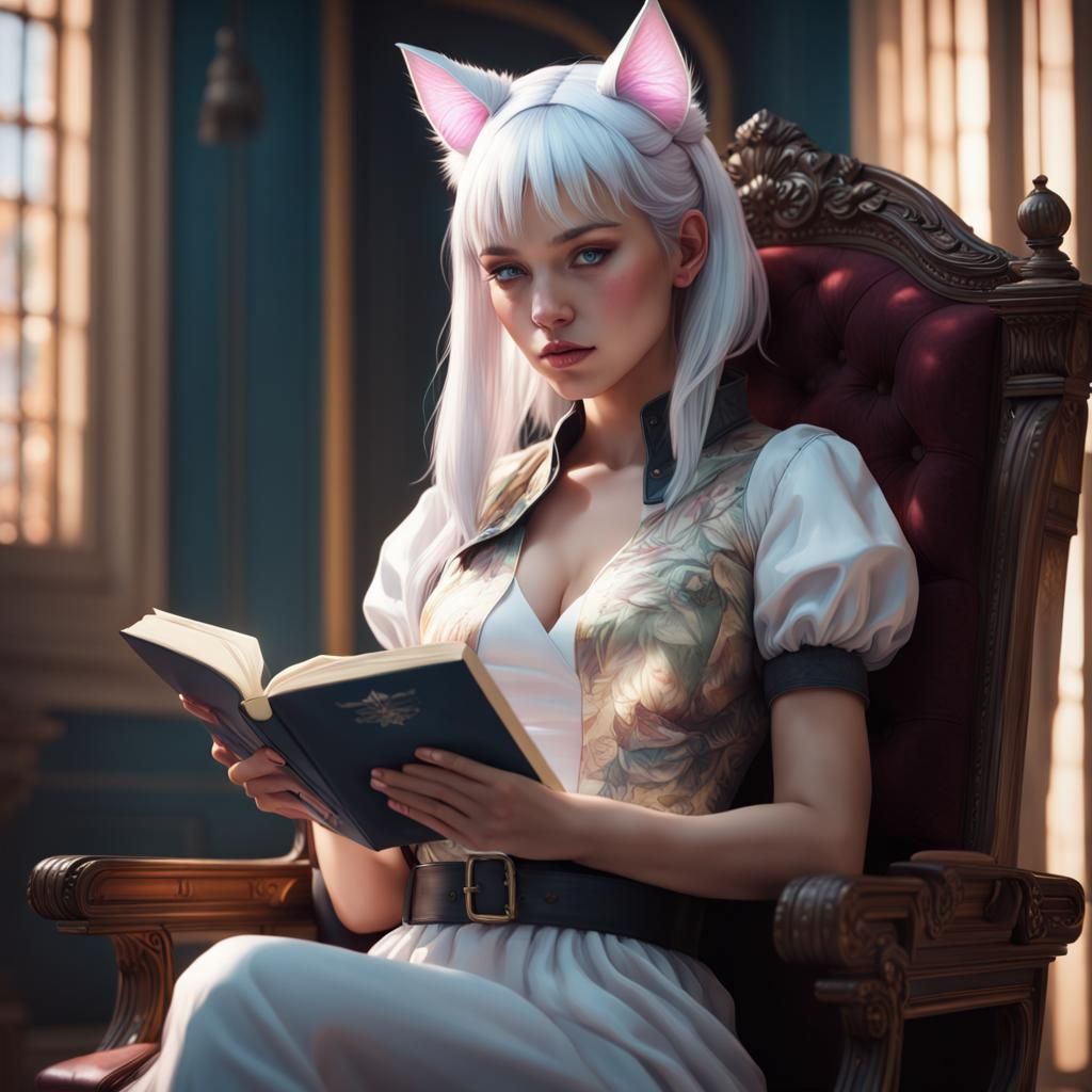 Anime Girl with Cat Ears Reading, Detailed Portrait