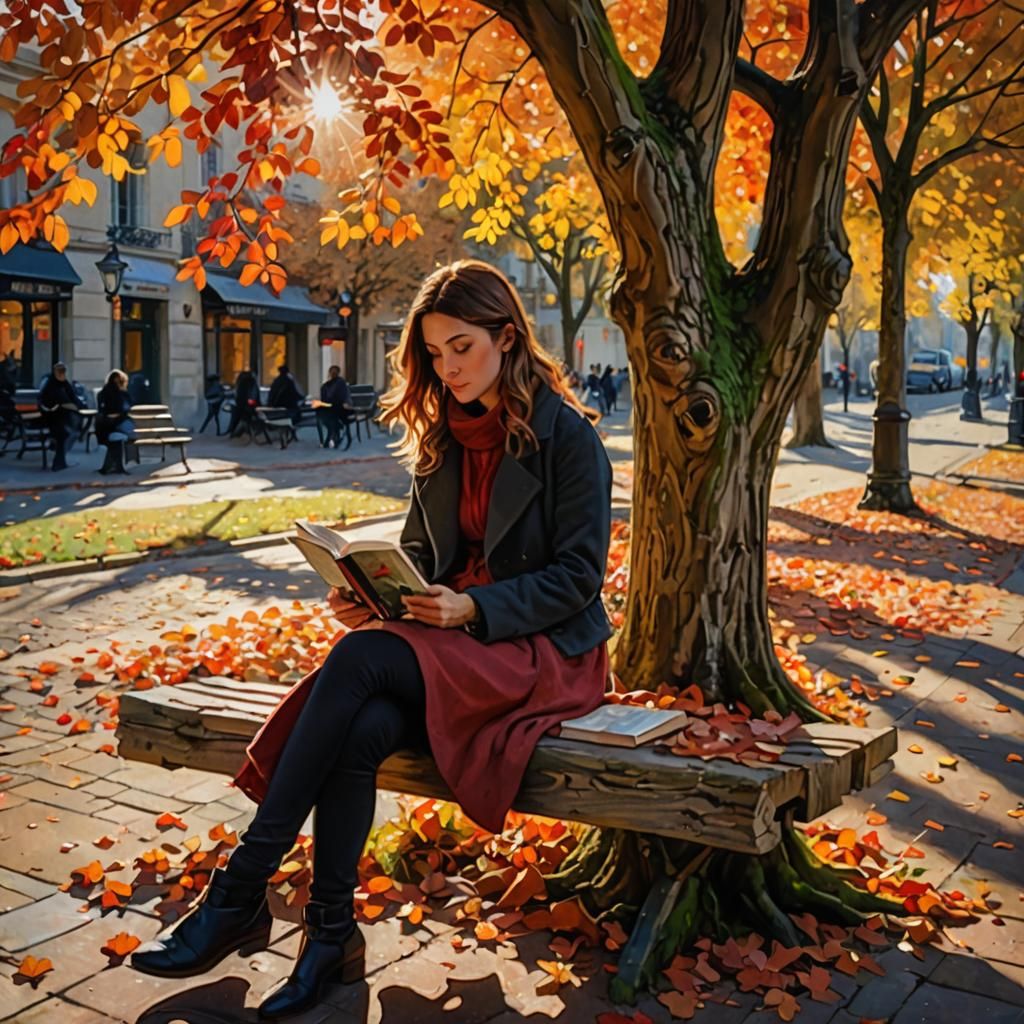Autumnal Reading Scene in Impressionist Style