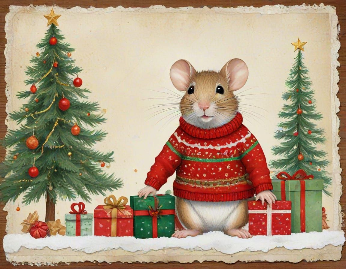 Whimsical Mouse in Festive Christmas Sweater