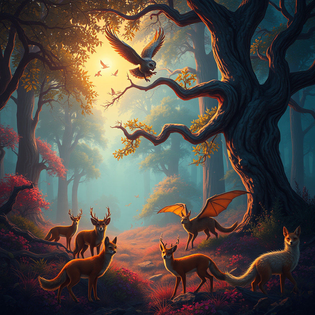 Mystical Forest Teeming with Life in Matte Painting Style