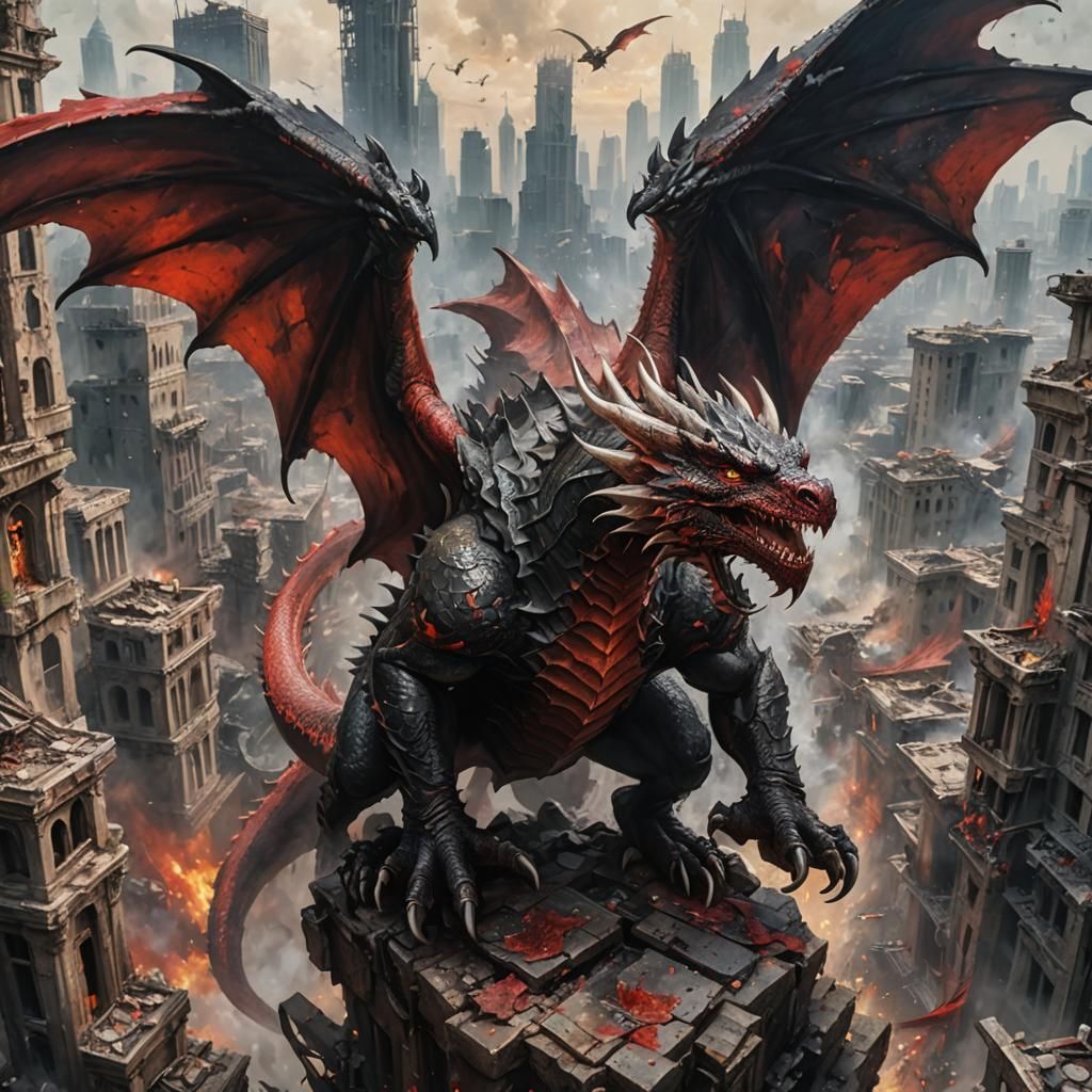 Terrifying Dragon Over Ruined City, Hyperdetailed Acrylic Pa...