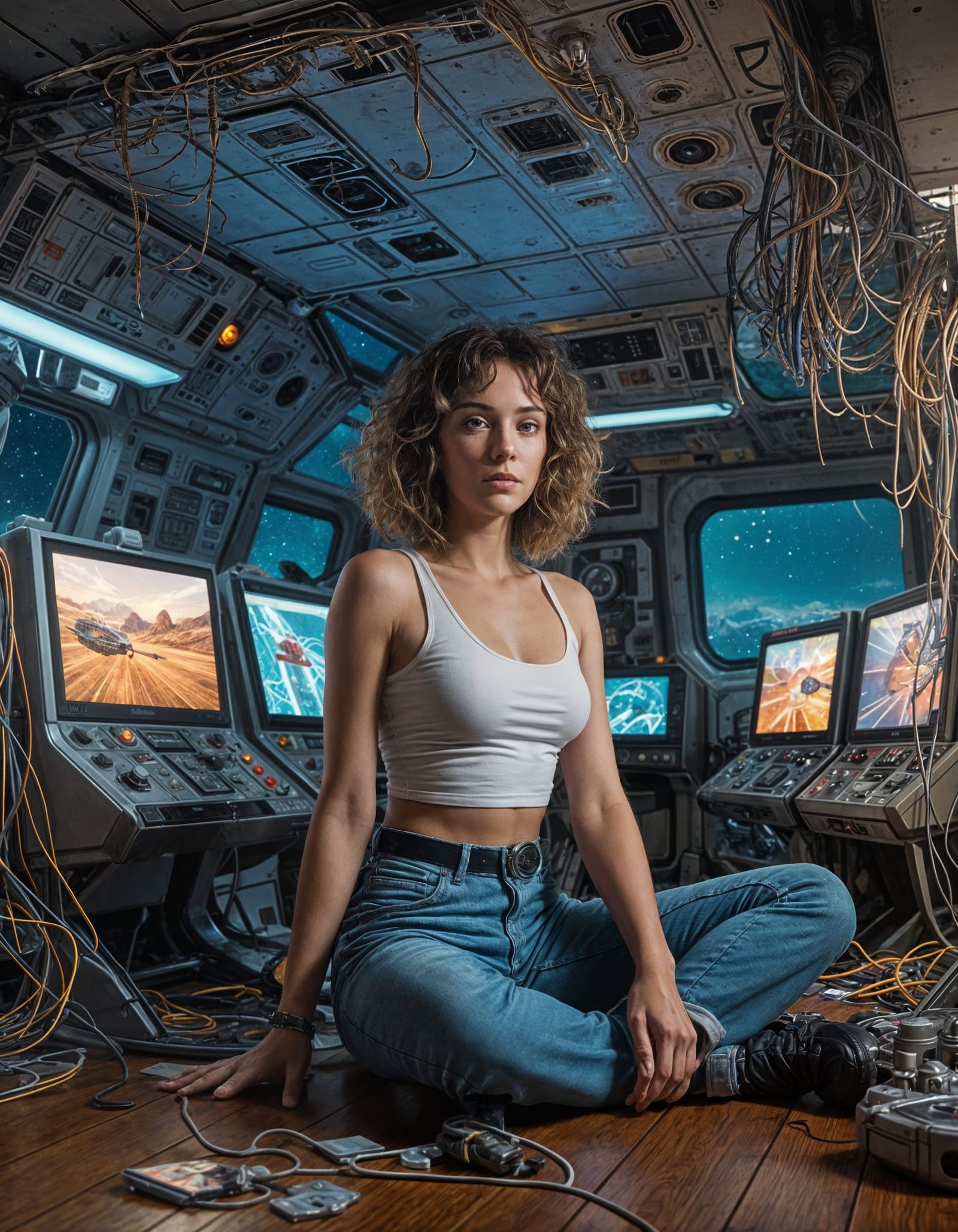 Cute Canadian Woman in a Cluttered Starship Interior