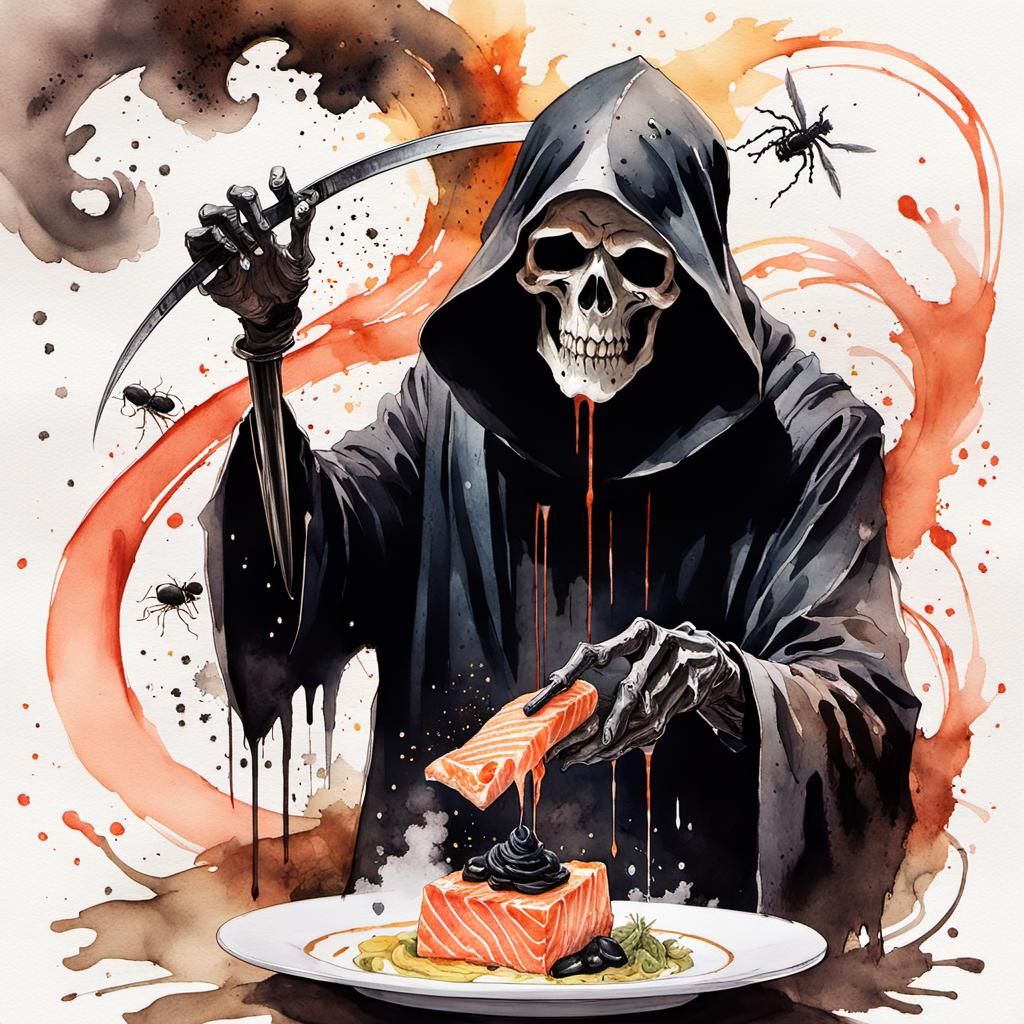 Elegant Grim Reaper Enjoys Salmon Pate