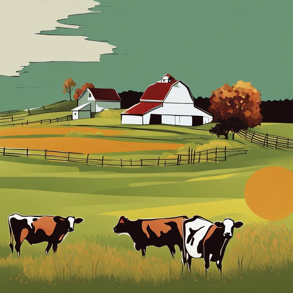 Abstract Farm with Cows in Complementary Colors