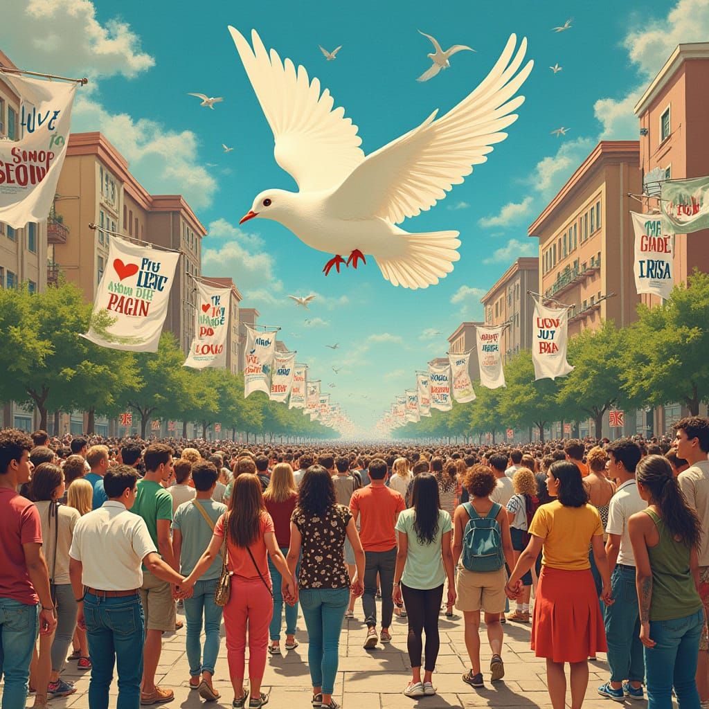 Diverse Crowd Unites for Peace in Vibrant City Square