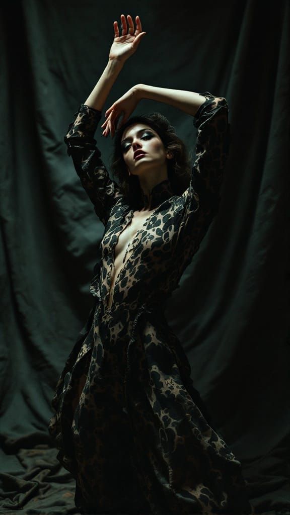 Surreal Fashion Model in Avant-Garde Animal Print Dress