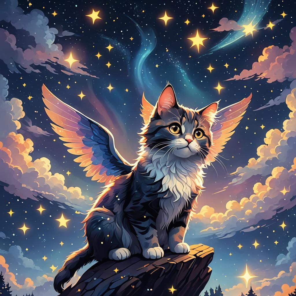 Colorful 2D illustration of a cute winged cat, under a starry night sky, flat design, simple shapes, vector, vibrant col...