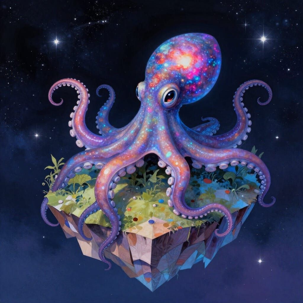 Galaxy Octopus on Paper Island in Fantasy Style