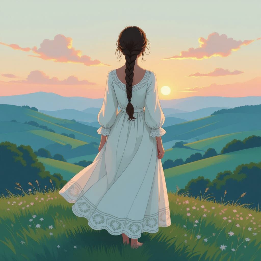 Anime Woman Overlooking Twilight Valley