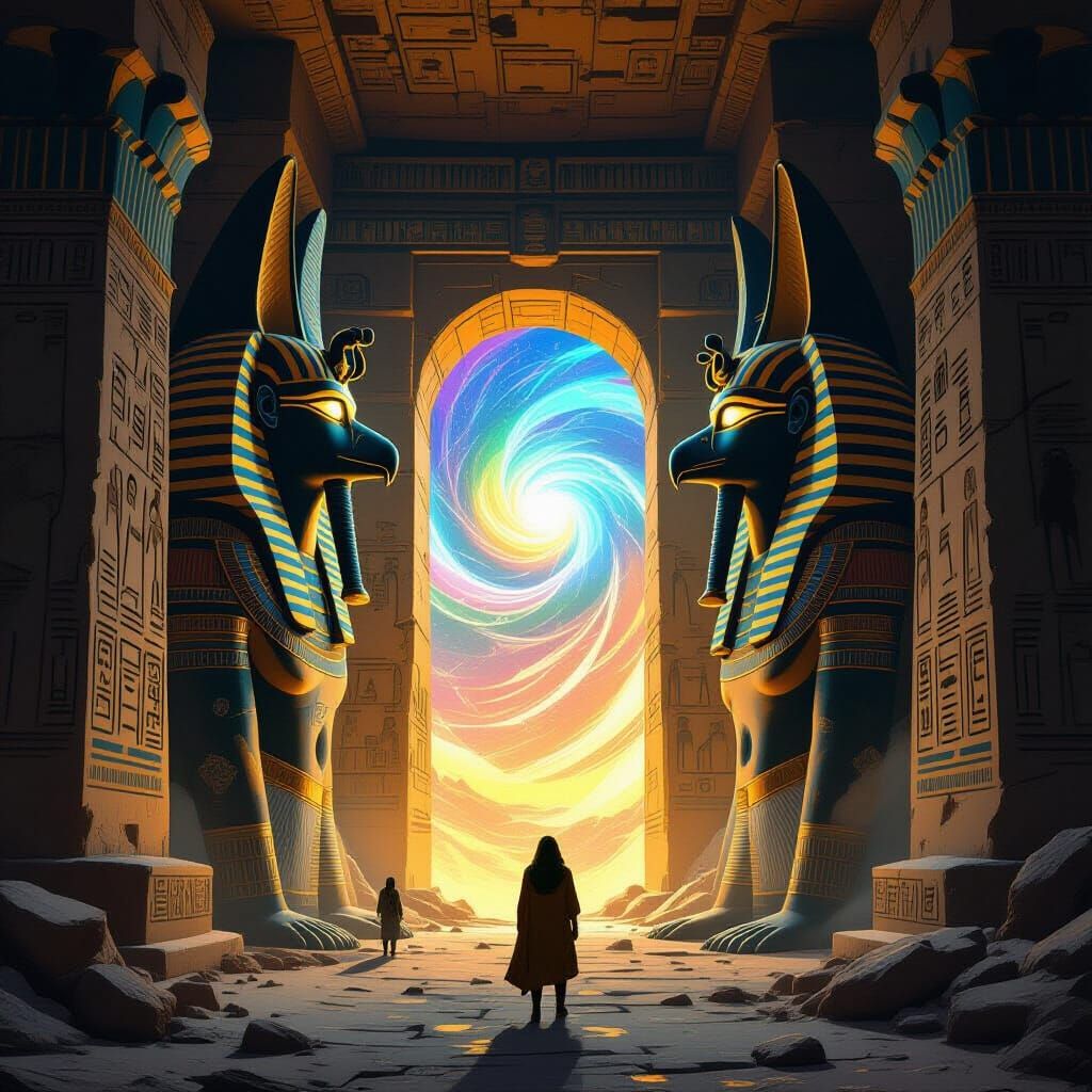 Ancient Temple Gate with Horus Statues and Mystical Aura