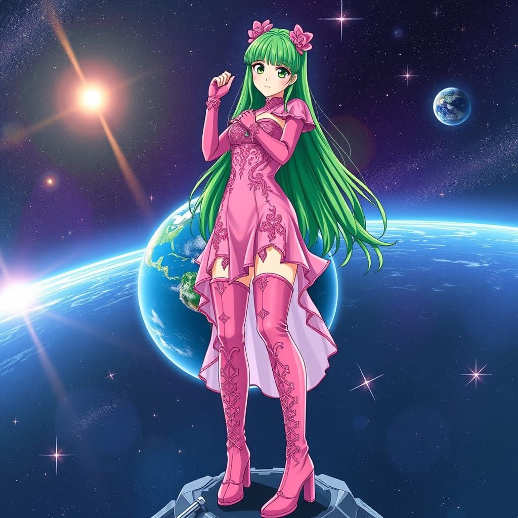 Vibrant Anime Idol Soars Through Space in 2000's Hand-Drawn...