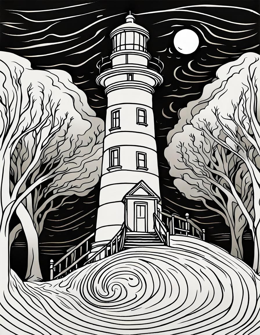 Lighthouse Beam Pierces Dark Night: Swirly Lineart