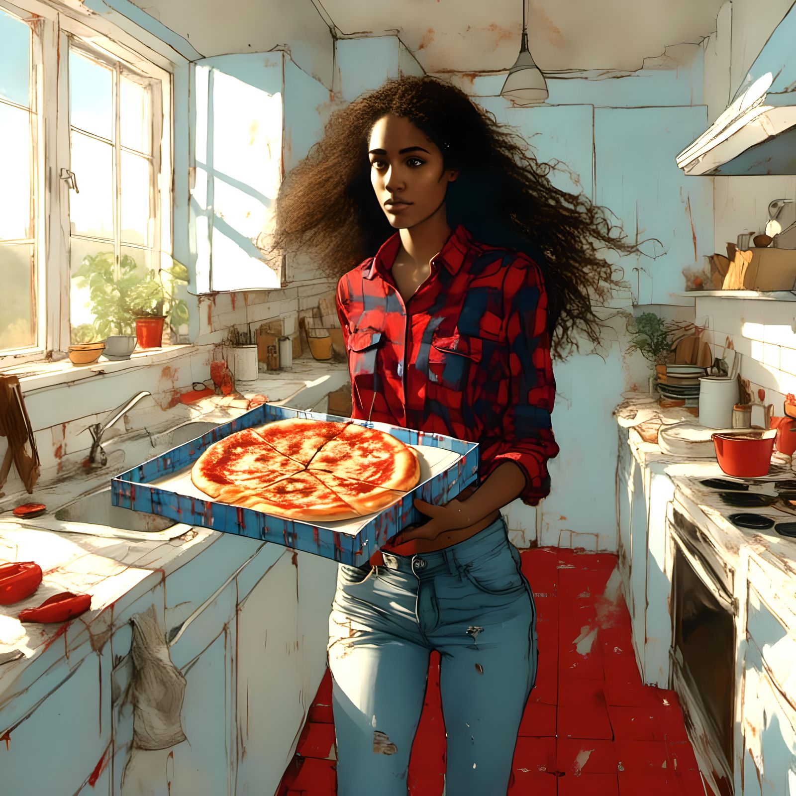 Woman Holding Pizza Box in Kitchen, Realistic Style