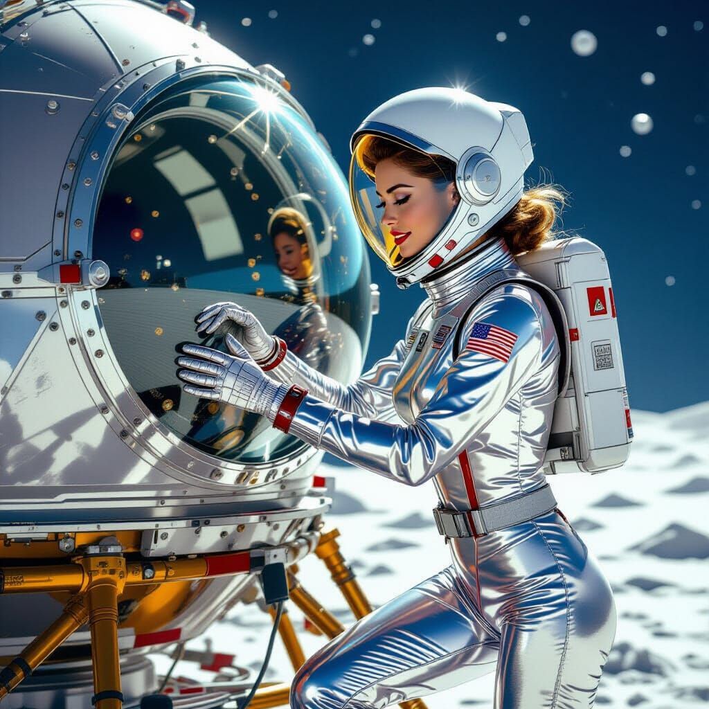 Retrofuturistic Astronaut Woman in 1960s Style Space Suit on...