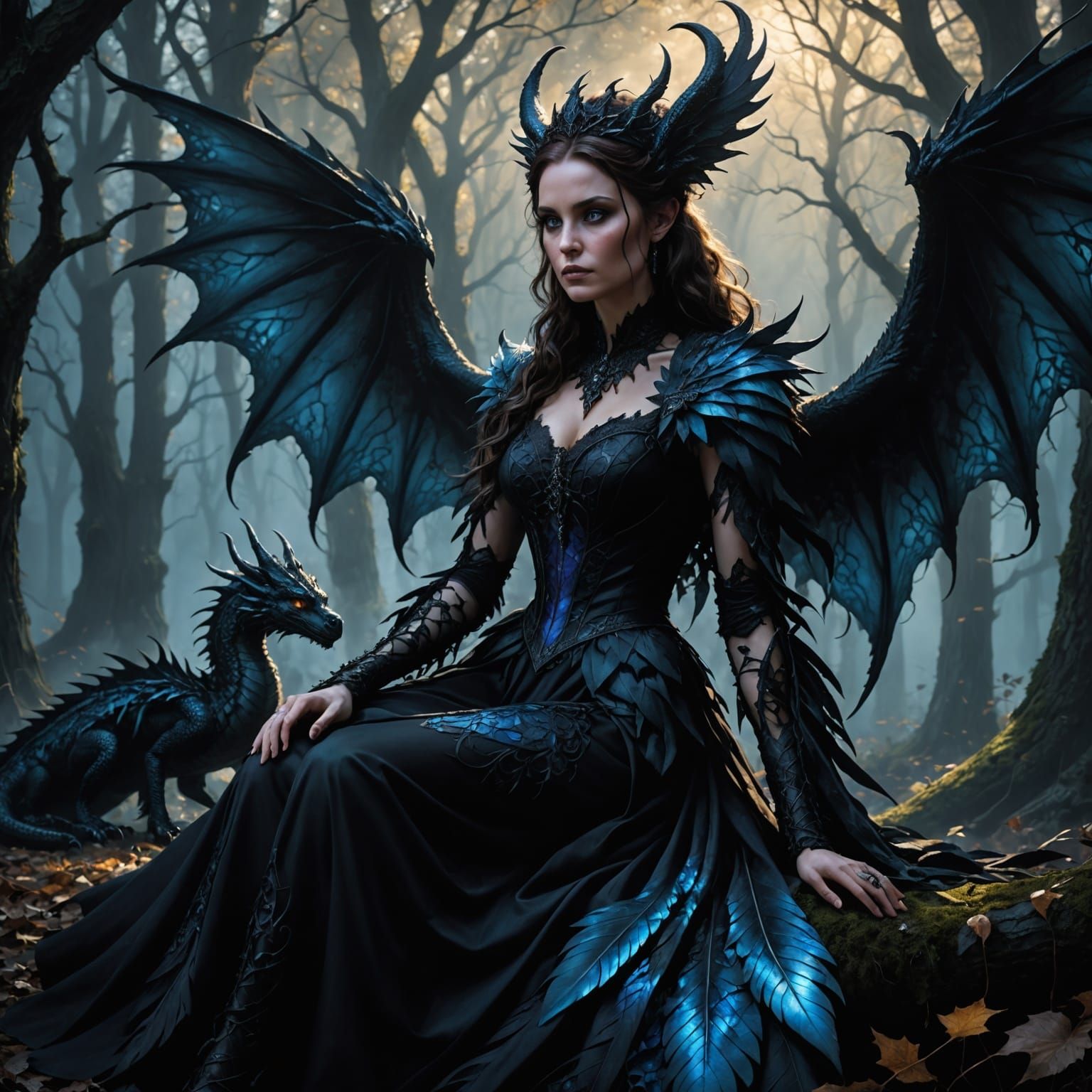 Gothic Queen Amidst Shadowy Dragon in Enchanted Forest