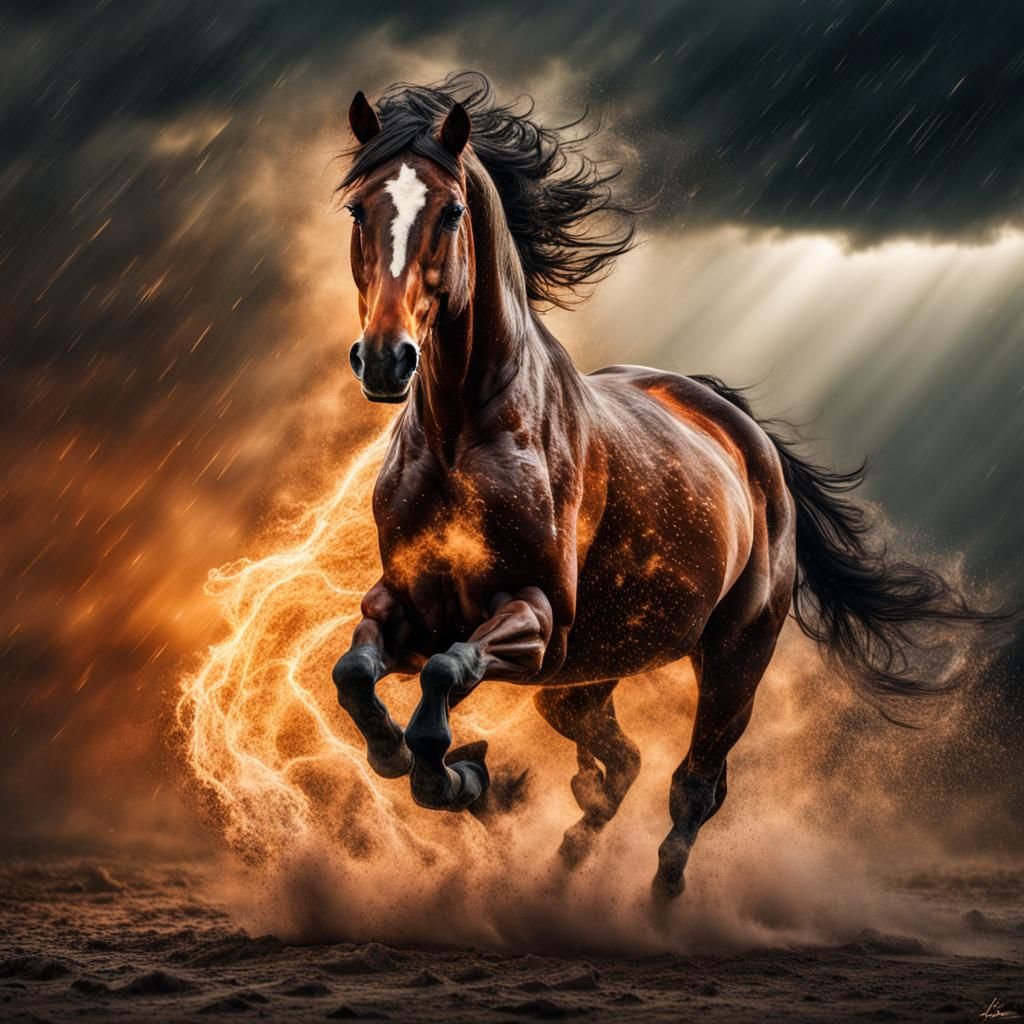 Fiery Horse Galloping Through a Thunderstorm