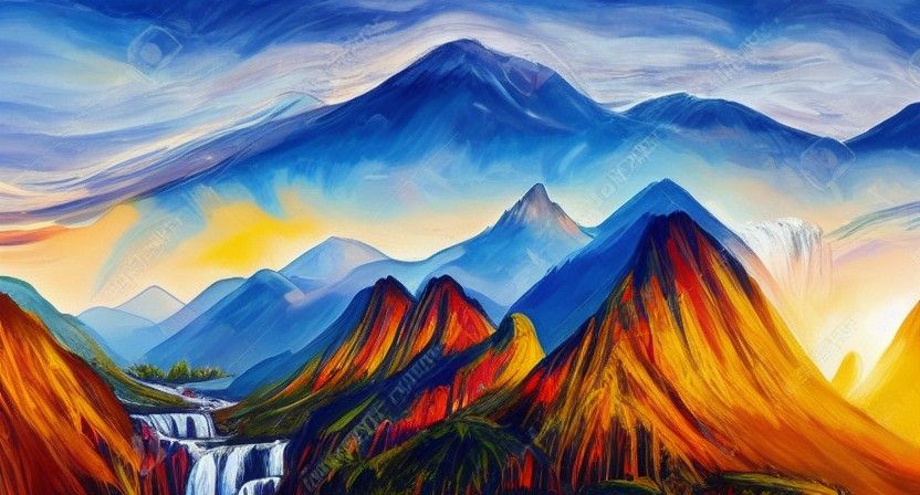 Sunrise Landscape Painting with Waterfall and Cliffs